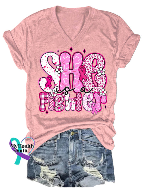 Women’s She Is A Fighter Breast Cancer Awareness V neck Casual T Shirt LightPink / S