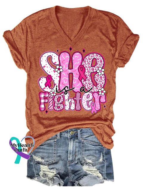 Women’s She Is A Fighter Breast Cancer Awareness V neck Casual T Shirt Orange / S