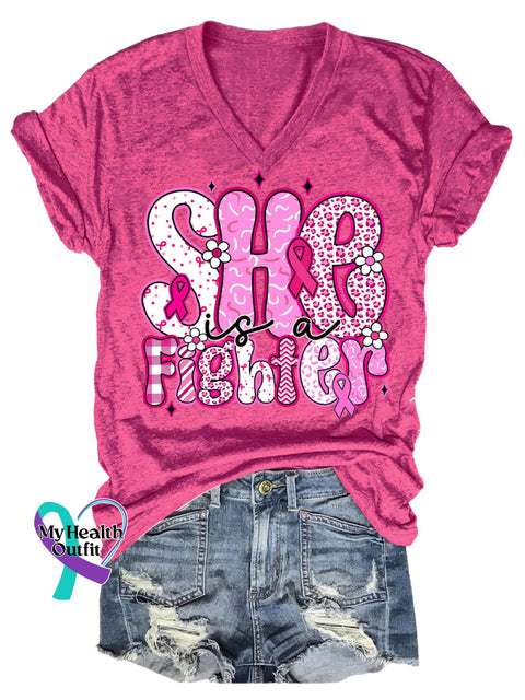 Women’s She Is A Fighter Breast Cancer Awareness V neck Casual T Shirt Pink / S