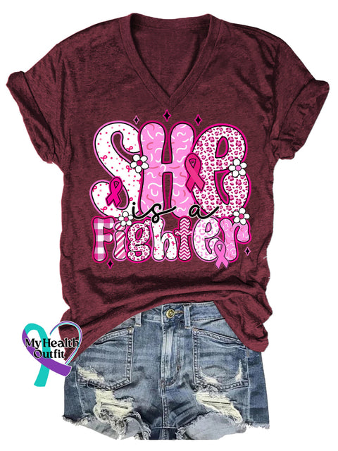 Women’s She Is A Fighter Breast Cancer Awareness V neck Casual T Shirt Red / S