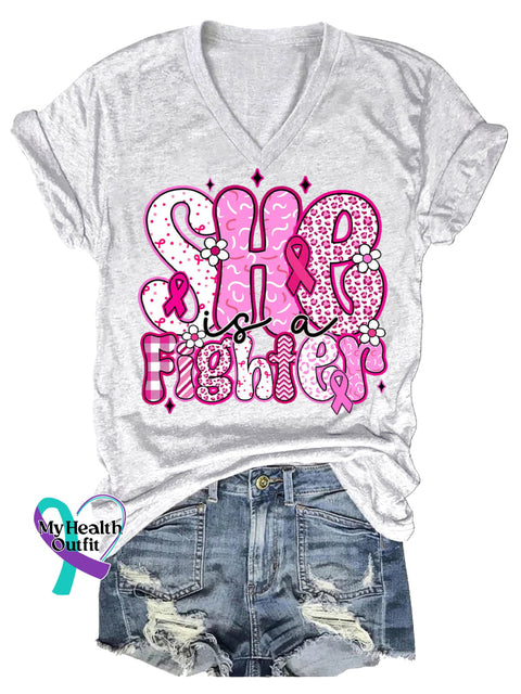 Women’s She Is A Fighter Breast Cancer Awareness V neck Casual T Shirt White / S