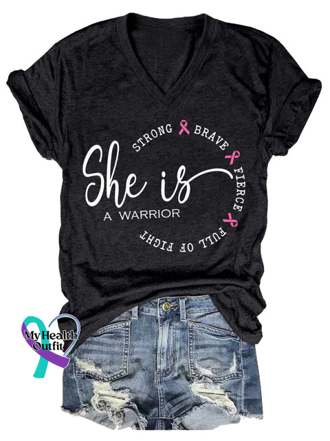 Women’s She Is A Warrior Breast Cancer Awareness V neck Casual T Shirt Black / S