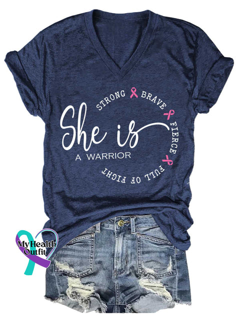 Women’s She Is A Warrior Breast Cancer Awareness V neck Casual T Shirt Blue / S