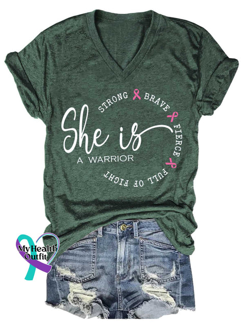 Women’s She Is A Warrior Breast Cancer Awareness V neck Casual T Shirt Green / S