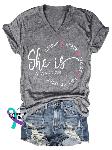 Women’s She Is A Warrior Breast Cancer Awareness V neck Casual T Shirt Grey / S