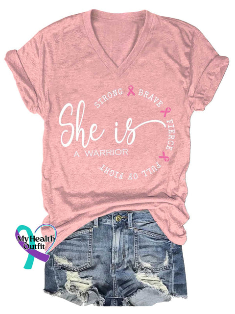 Women’s She Is A Warrior Breast Cancer Awareness V neck Casual T Shirt LightPink / S