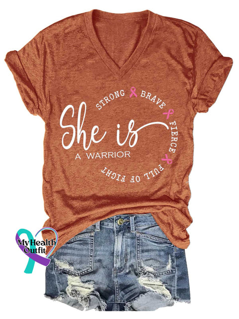 Women’s She Is A Warrior Breast Cancer Awareness V neck Casual T Shirt Orange / S