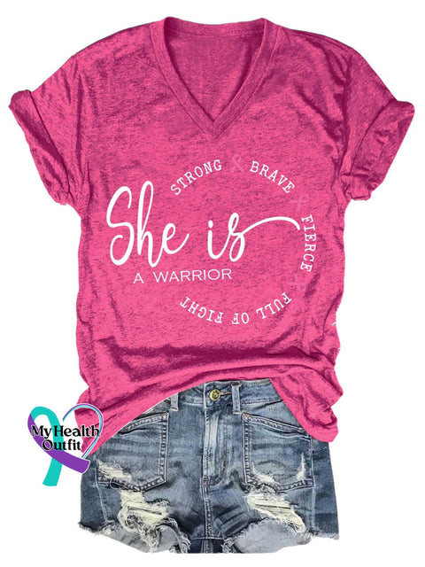 Women’s She Is A Warrior Breast Cancer Awareness V neck Casual T Shirt Pink / S