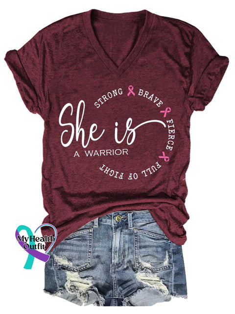 Women’s She Is A Warrior Breast Cancer Awareness V neck Casual T Shirt Red / S