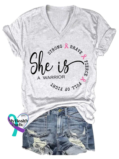 Women’s She Is A Warrior Breast Cancer Awareness V neck Casual T Shirt White / S