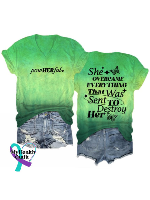 Women’s She Overcame Everything That Was Sent To Destroy Her Printed V-Neck T-Shirt Picture 1 / S