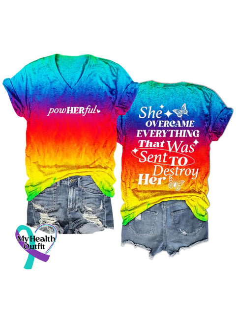 Women’s She Overcame Everything That Was Sent To Destroy Her Printed V-Neck T-Shirt Picture 2 / S