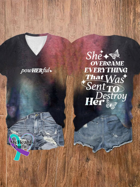 Women’s She Overcame Everything That Was Sent To Destroy Her Printed V-Neck T-Shirt Picture 3 / S
