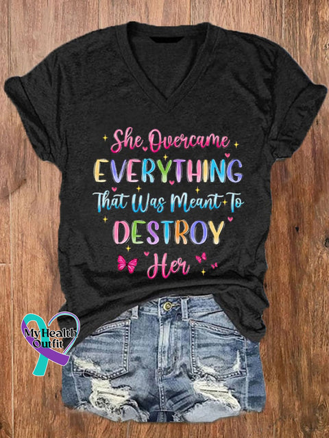 Women’s She Overcame Everything That Was Sent To Destroy Her Printed V-Neck Tee Black / S