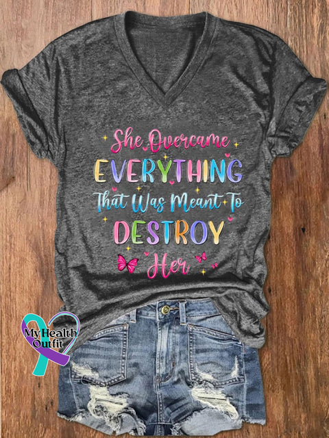 Women’s She Overcame Everything That Was Sent To Destroy Her Printed V-Neck Tee Dark Grey / S