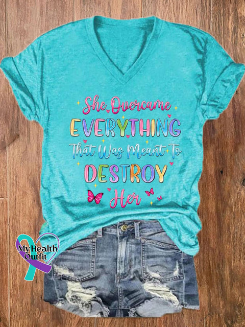 Women’s She Overcame Everything That Was Sent To Destroy Her Printed V-Neck Tee Water Blue / S