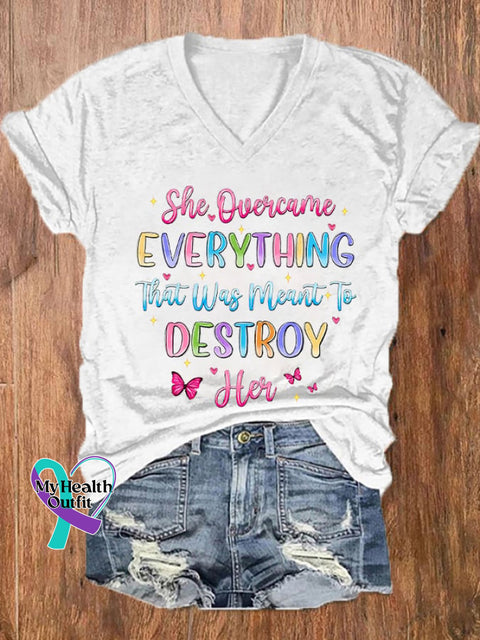 Women’s She Overcame Everything That Was Sent To Destroy Her Printed V-Neck Tee White / S