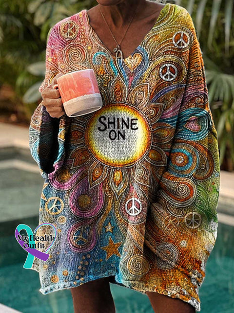 Women’s SHINE ON Peace Sign Casual Pullover Sweater Multicolor / M