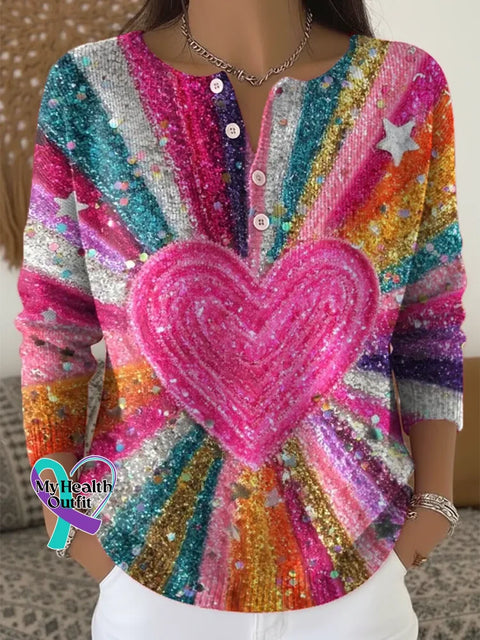 Women’s Shiny Love Pattern Art Print Buttoned Cardigan Sweater Multicolor / S