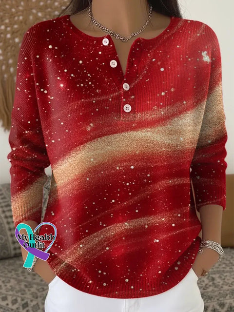 Women’s Shiny Pattern Art Print Casual Cardigan Sweater Red / S