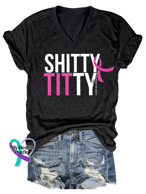 Women’s Shitty Titty Committee Breast Cancer Awareness V neck Casual T Shirt Black / S