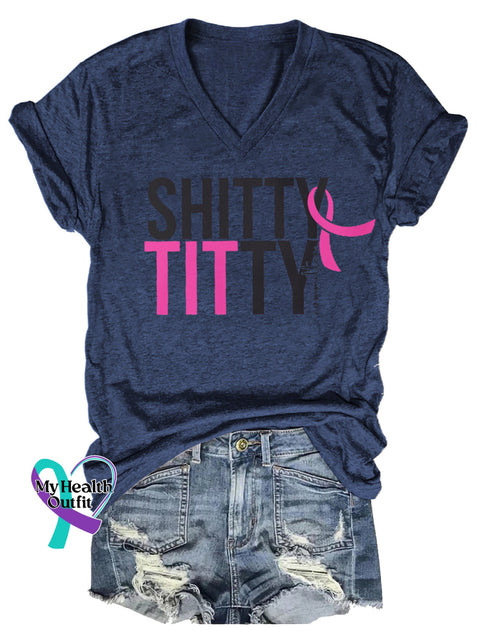 Women’s Shitty Titty Committee Breast Cancer Awareness V neck Casual T Shirt Blue / S