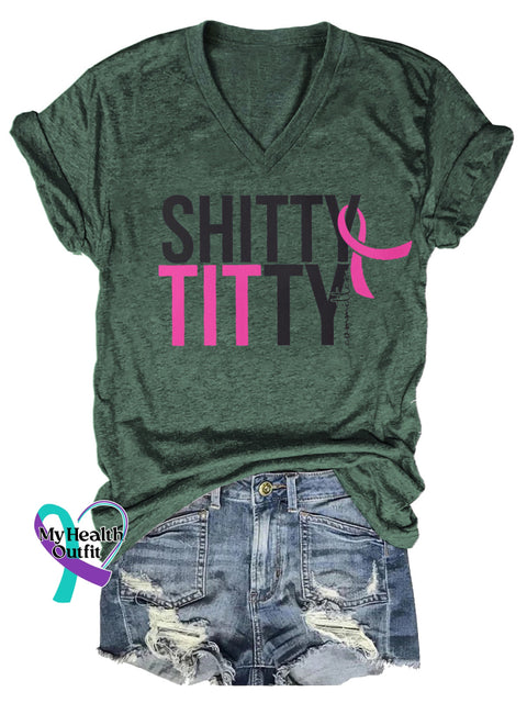 Women’s Shitty Titty Committee Breast Cancer Awareness V neck Casual T Shirt Green / S