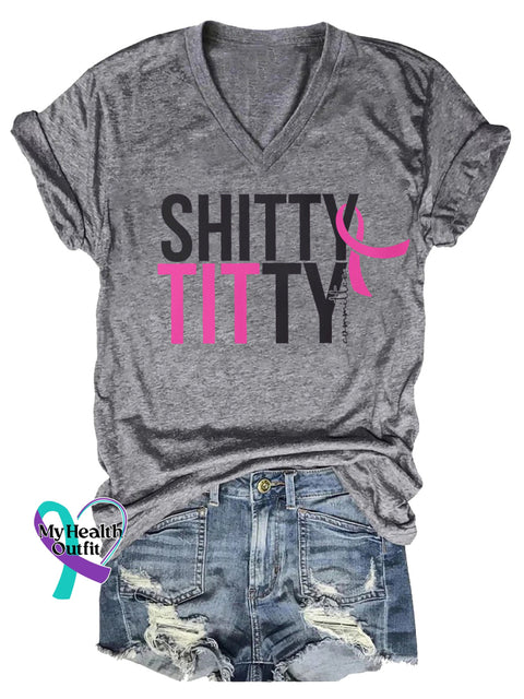 Women’s Shitty Titty Committee Breast Cancer Awareness V neck Casual T Shirt Grey / S