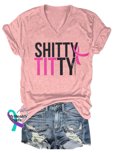 Women’s Shitty Titty Committee Breast Cancer Awareness V neck Casual T Shirt LightPink / S