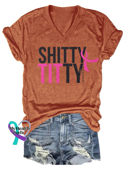 Women’s Shitty Titty Committee Breast Cancer Awareness V neck Casual T Shirt Orange / S