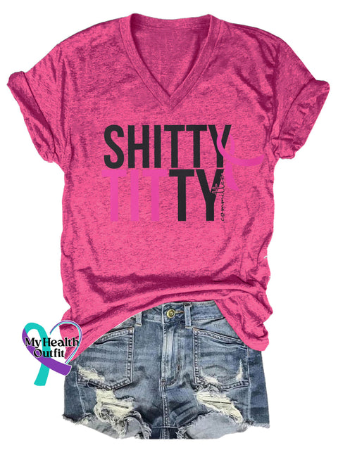 Women’s Shitty Titty Committee Breast Cancer Awareness V neck Casual T Shirt Pink / S
