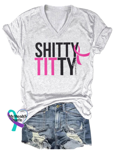Women’s Shitty Titty Committee Breast Cancer Awareness V neck Casual T Shirt White / S