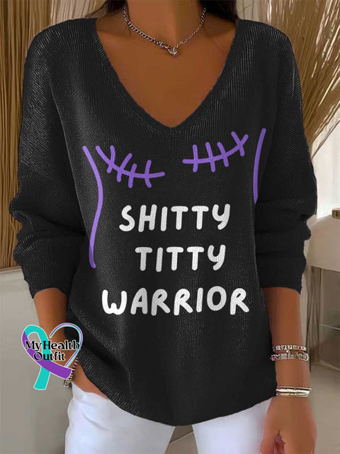 Women’s SHITTY TITTY WARRIOR Breast Cancer Awareness Casual Pullover Sweater Black / S