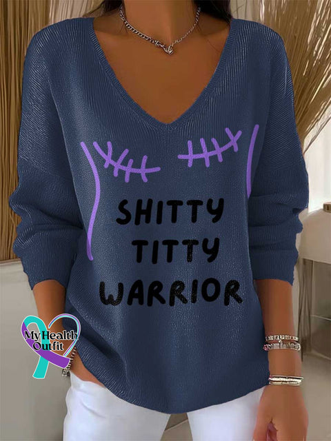 Women’s SHITTY TITTY WARRIOR Breast Cancer Awareness Casual Pullover Sweater Blue / S