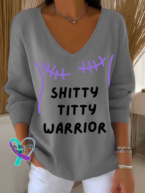 Women’s SHITTY TITTY WARRIOR Breast Cancer Awareness Casual Pullover Sweater Grey / S