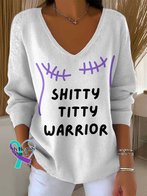 Women’s SHITTY TITTY WARRIOR Breast Cancer Awareness Casual Pullover Sweater White / S
