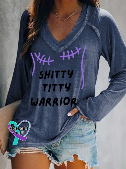 Women’s SHITTY TITTY WARRIOR Breast Cancer Awareness Print Casual V Neck Long Sleeve Tops Blue / S