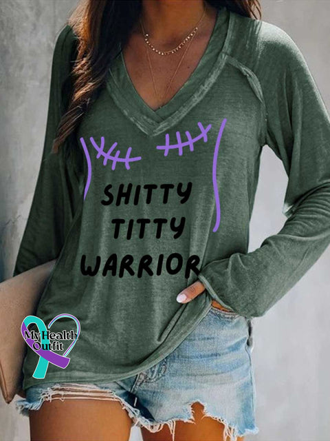 Women’s SHITTY TITTY WARRIOR Breast Cancer Awareness Print Casual V Neck Long Sleeve Tops Green / S