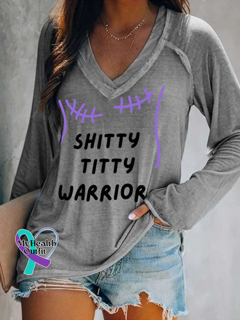 Women’s SHITTY TITTY WARRIOR Breast Cancer Awareness Print Casual V Neck Long Sleeve Tops Grey / S