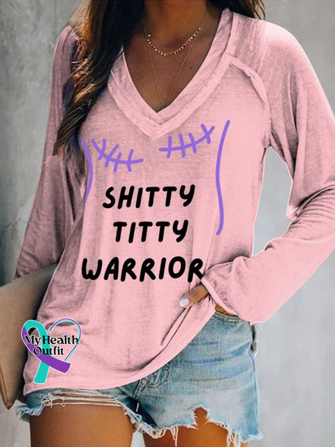 Women’s SHITTY TITTY WARRIOR Breast Cancer Awareness Print Casual V Neck Long Sleeve Tops LightPink / S