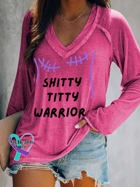 Women’s SHITTY TITTY WARRIOR Breast Cancer Awareness Print Casual V Neck Long Sleeve Tops Pink / S