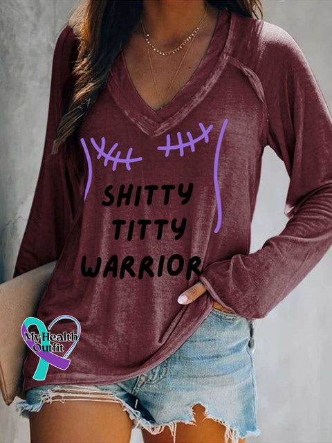 Women’s SHITTY TITTY WARRIOR Breast Cancer Awareness Print Casual V Neck Long Sleeve Tops Red / S