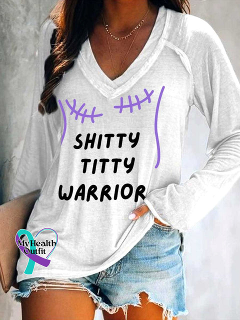 Women’s SHITTY TITTY WARRIOR Breast Cancer Awareness Print Casual V Neck Long Sleeve Tops White / S