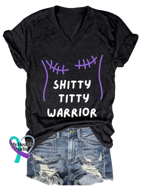 Women’s SHITTY TITTY WARRIOR Breast Cancer Awareness V neck Casual T Shirt Black / S