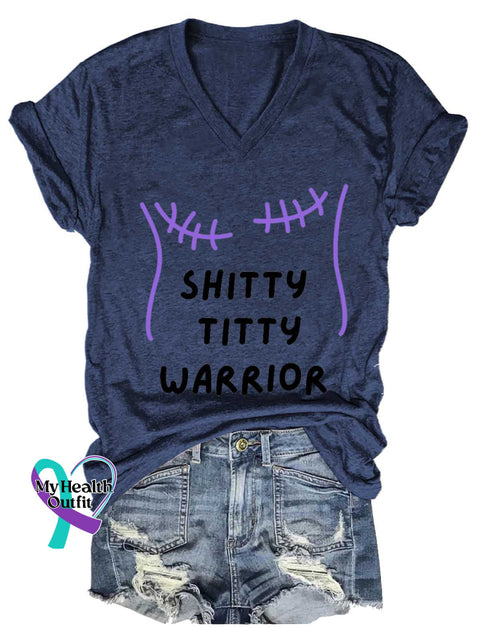 Women’s SHITTY TITTY WARRIOR Breast Cancer Awareness V neck Casual T Shirt Blue / S