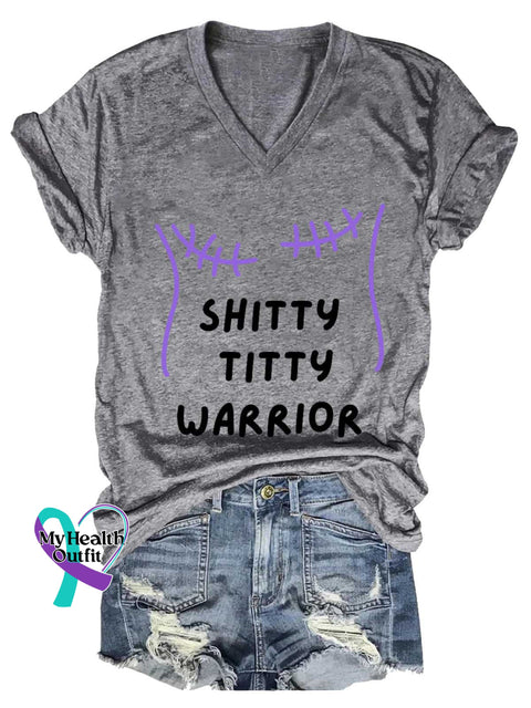 Women’s SHITTY TITTY WARRIOR Breast Cancer Awareness V neck Casual T Shirt Grey / S
