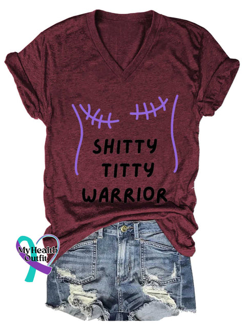 Women’s SHITTY TITTY WARRIOR Breast Cancer Awareness V neck Casual T Shirt Red / S