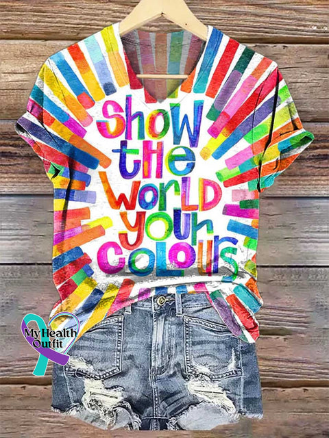 Women’s Show The World Your COLOURS V-neck Casual T-Shirt Multicolor / S