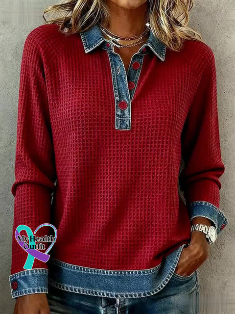 Women’s Simple Patchwork Design Cozy Top Red / S
