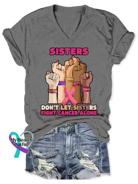 Women’s Sisters Fight Breast Cancer Awareness Art V-neck Casual T-Shirt Grey / S